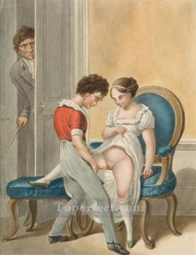  Sexual Obras - Espejo y The Tutor Par de acuarelas Georg Emanuel Opiz caricatura Sexual